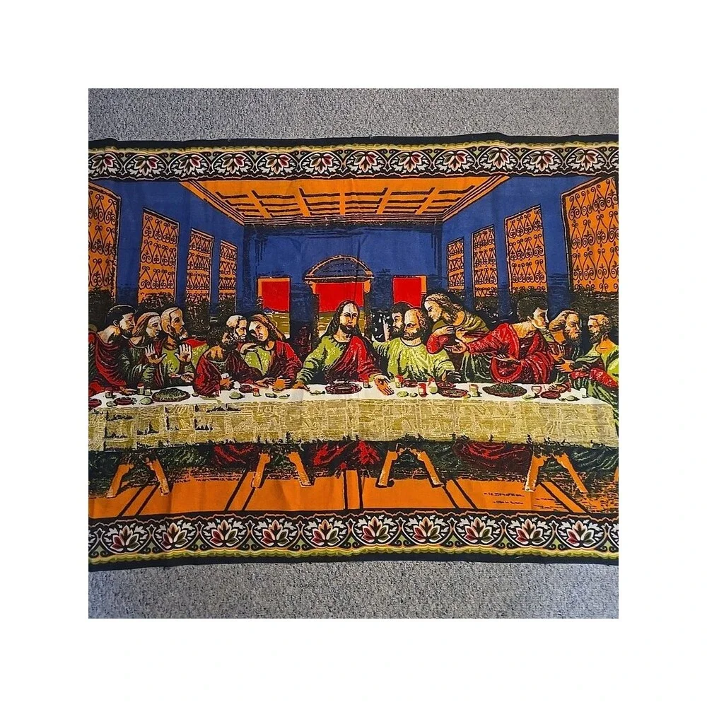 Vintage Tapestry Fabric Wall Hanging Sacred Heart Jesus Last Supper